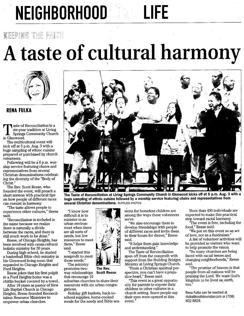 Newspaper article on Reconciliation Resource Ministries - racial reconciliation
